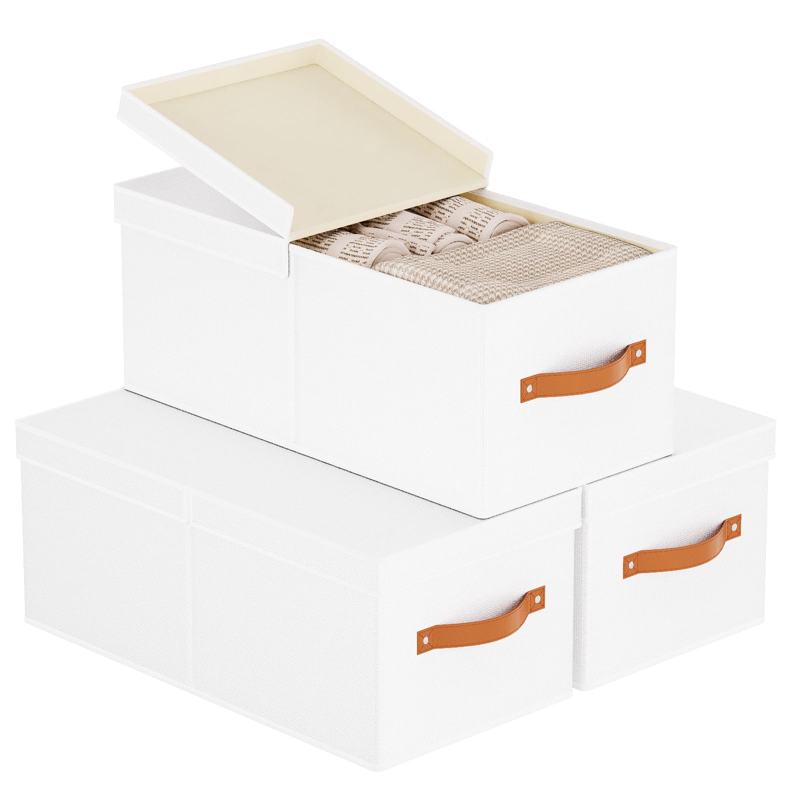 YheenLf Set de 3 Caja Almacenaje, Cestas Organizadoras Con Tapa Extraíble, Cajas Almacenamiento Tela con Asas, para Organizar Ropa y Sábanas en Armarios, Blanco, 33×23×14 cm
