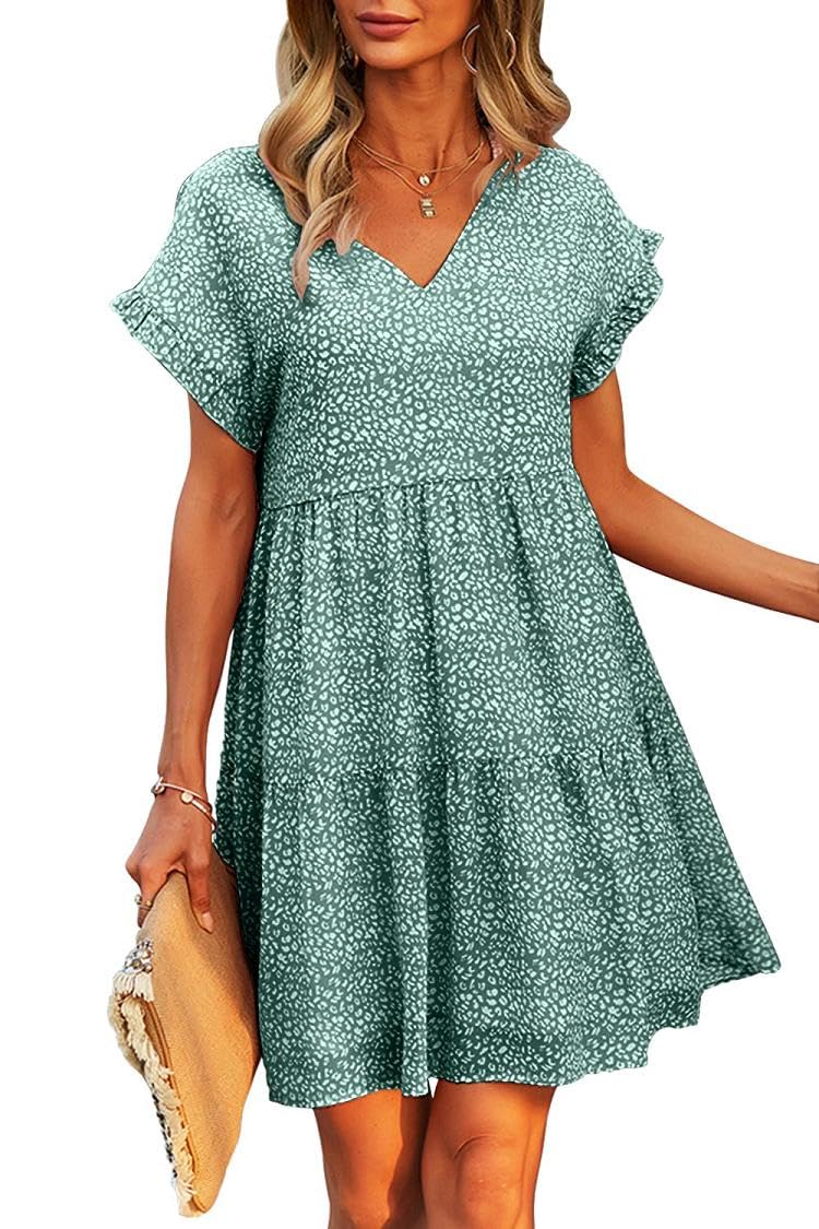 Joligiao Vestido Midi Floral para Mujer Vestido de Playa de Manga Corta Vestido Casual Diario de Gasa con Cuello en V Y Volantes Florales Vestido Corto de Verano