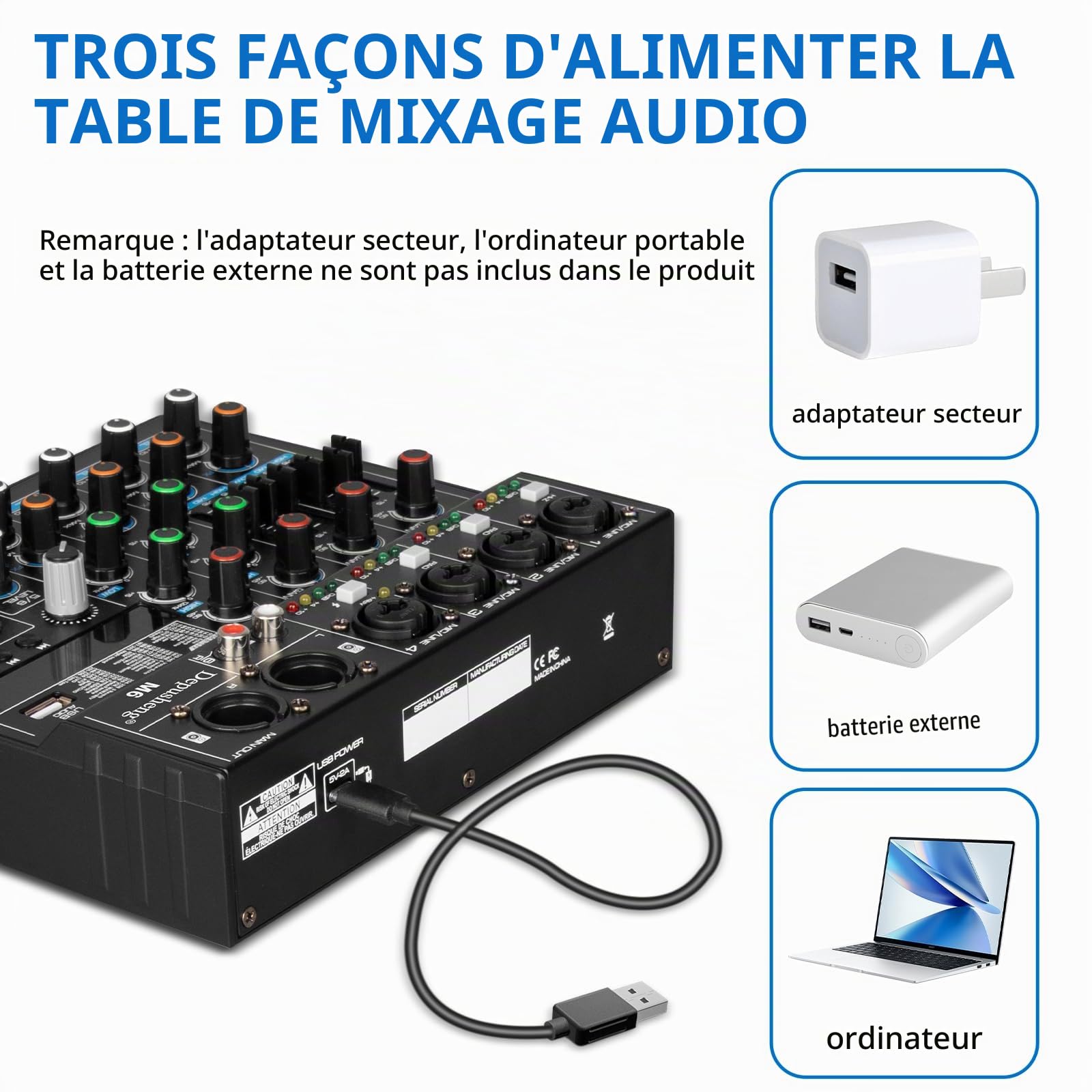 Depusheng M6 DJ Mixer portable MP3 Bluetooth 6 canaux Audio Table de mixage intégrée 256 effets numériques Interface USB pour l'enregistrement informatique en direct Streaming Podcasting Karaoké