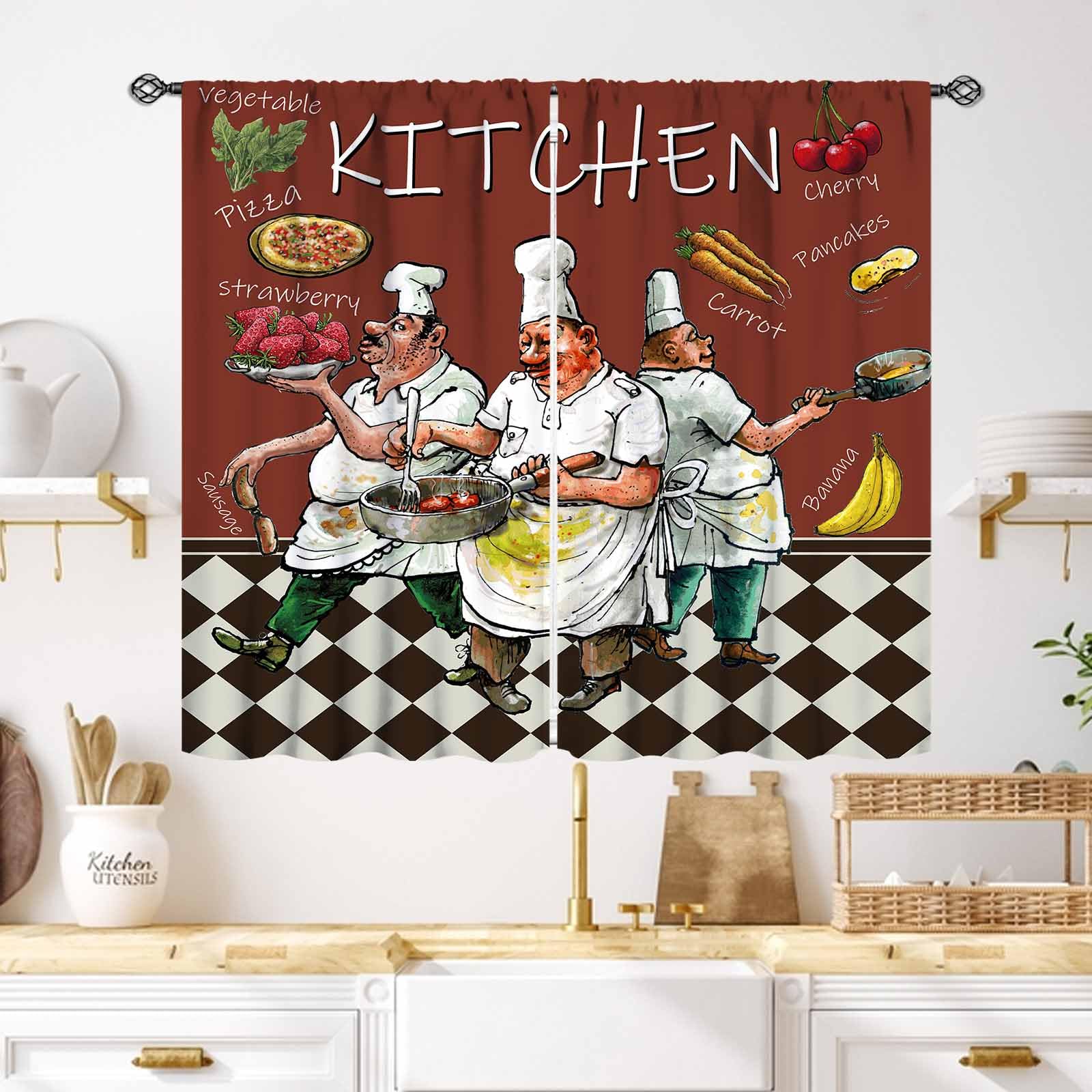 Lnepty Chef Kitchen Curtains,Vintage Cute Funny Country Fat Chef Cook Theme Cafe Small Short Curtains Red Brown Buffalo Check Plaid Dining Room Living
