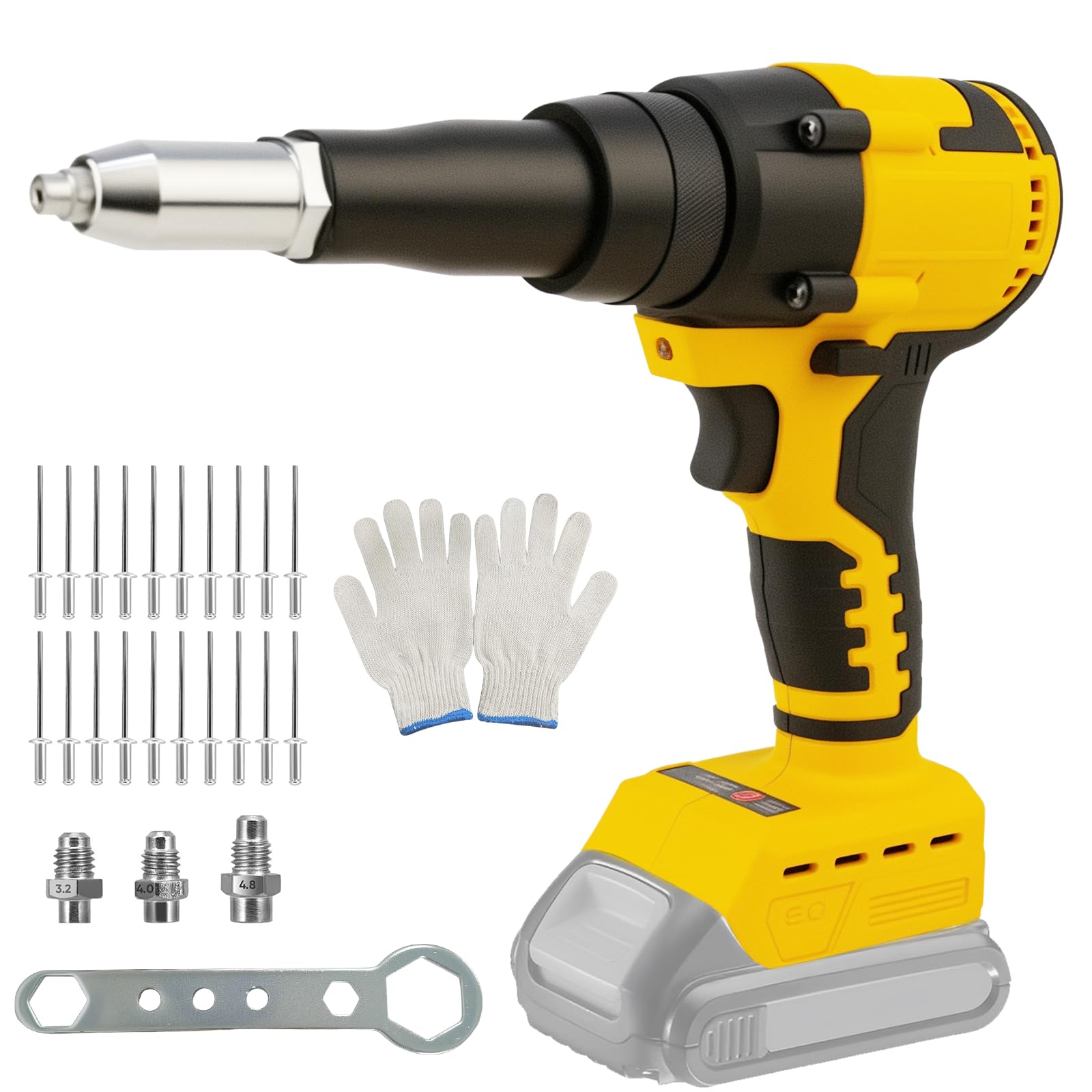 LIROPAU Pistola Remachadora Inalámbrica Compatible con Batería Dewalt 20V, Kit de Pistola Remachadora Automática Portátil de 0,6 cm, 3/16", 5/32", con Luz LED, 20 Remaches, 3 Adaptadores y Guantes