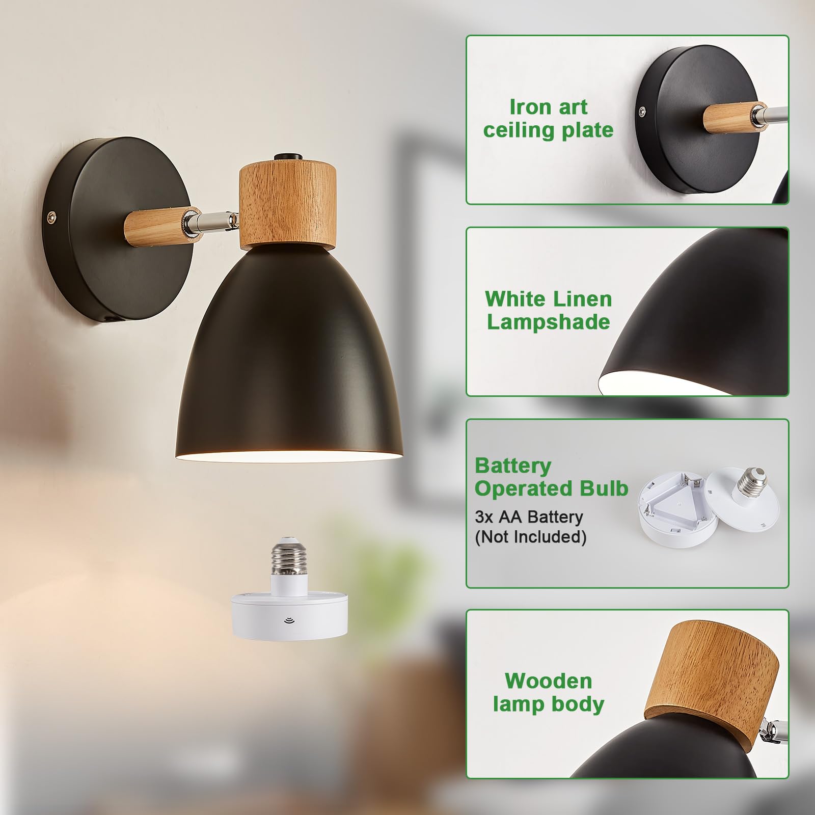 Eyooer Battery Operated Wall Sconce Set of Two,Black Modern Wall Lights with Remote Control Dimmable Wall Lighting Indoor, 3000K/4000K/6000K,Not Hardwired Led Wall Lamp Fixtures,Bulb Included