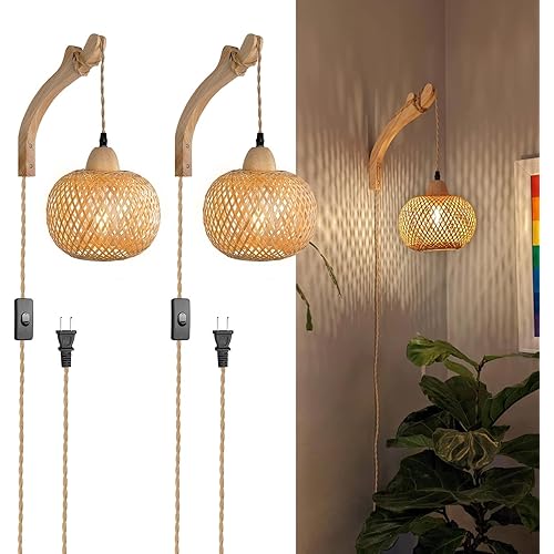 Frideko Bamboo Wall Sconces Set of Two Plug in, Boho Wall Lamp with Plug in Cord, Farmhouse Wall Light Fixtures with 9.84FT On/Off Switch Cord, Rattan Sconces Wall Lighting for Bedroom Living Room