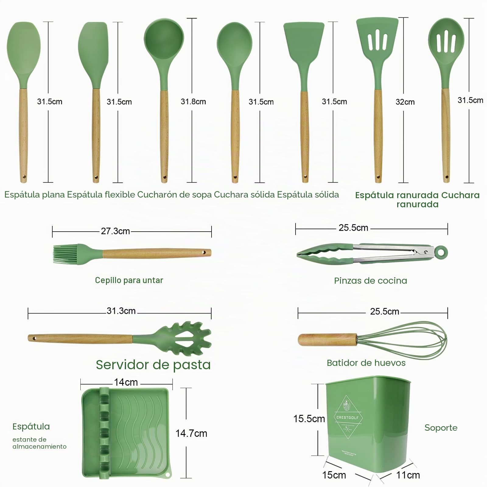 Juego de utensilios de cocina,13 juegos de silicona de cocina resistente al calor, con bandeja, juego de espátula de cocina con mango de madera (verde aguacate)