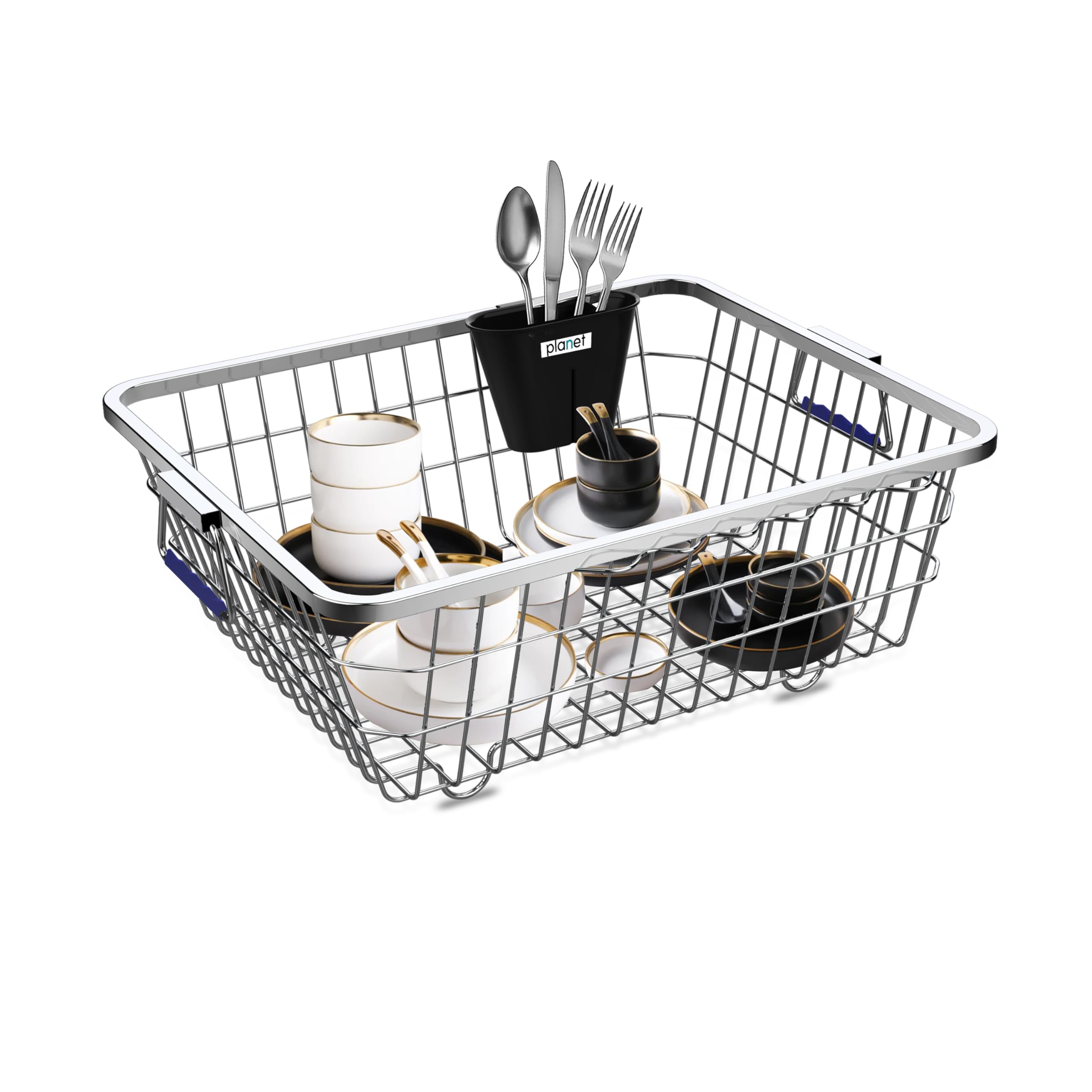 Planet Stainless Steel Dish Drainer Basket for Kitchen Utensils/Dish Drying Stand with Spoon & Knife Holder/Plate Rack/Sink Counter Top Dish Drainer Rack (37x48x20 cm) (Pack of 1)