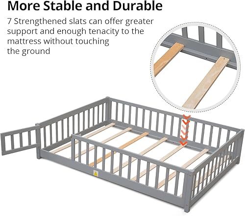 Miniatura 6 de LLS Cama de suelo completo para niños, cama Montessori duradera con listones de madera, valla de seguridad y puerta pequeña, marco de cama de piso