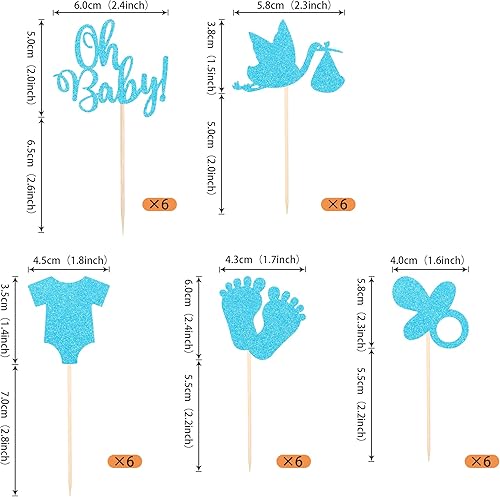 Miniatura 2 de Paquete de 30 decoraciones para cupcakes con purpurina para baby shower, para niños, para chupete, pies, revelación de género, para pasteles,