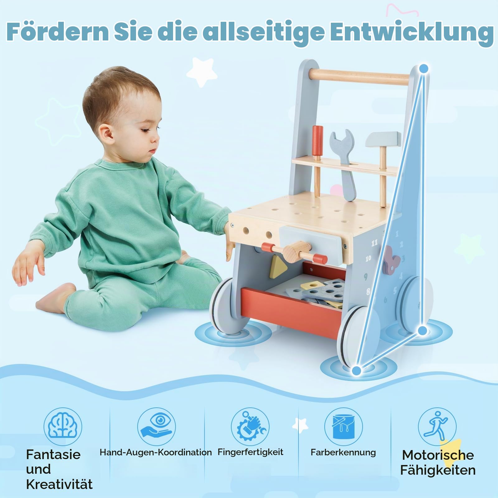 FANTASK 2 in 1 Lauflernwagen, Lauflernhilfe aus Holz, Montessori Kinder Werkbank Spieltisch, Multi-Aktivitätszentrum für Kinder ab 1 Jahr