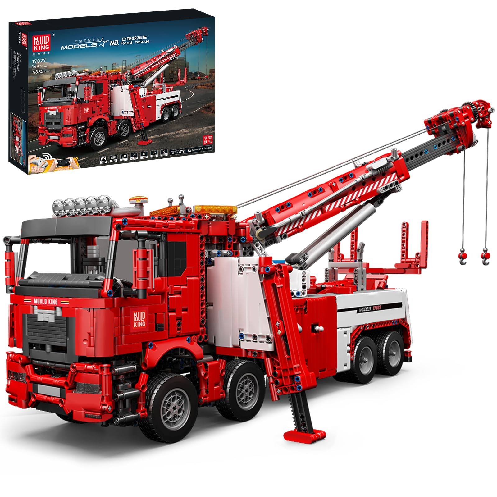 Mould King 17027 Red Road Rescue Truck Building Block Kits, MOC Crane Truck with Motors, Large Construction Vehicle Kit, 4883 pcs