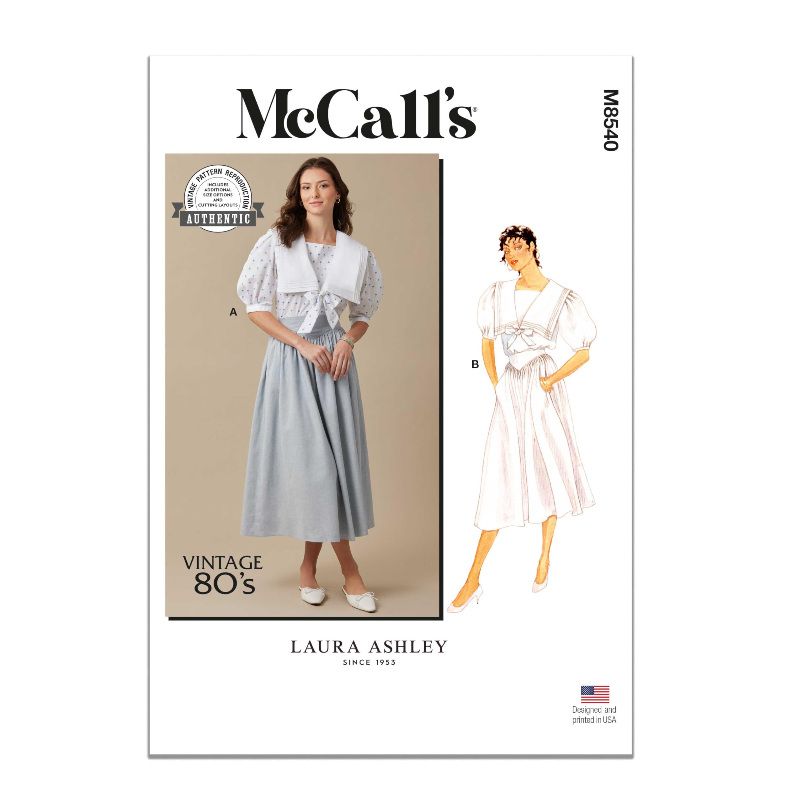 McCall's M8540U5 Misses' 1980's Vintage Pullover Top and Full Gathered Skirt Sewing Pattern Packet by Laura Ashley, Design Code M8540, Sizes 16-18-20-22-24