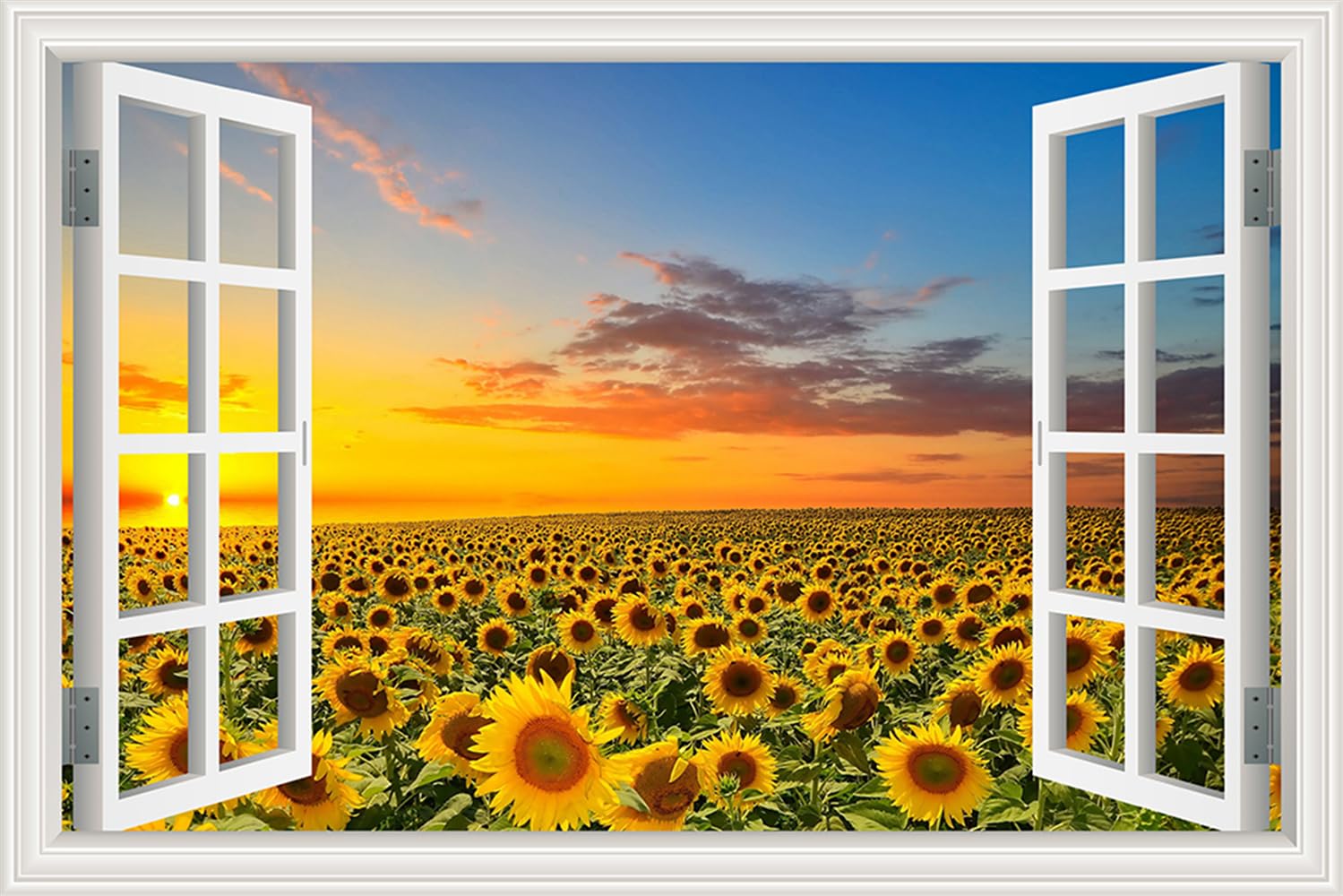 Faux Window Wall Sticker Sunset Sunflower Field Print Wall Decor Art Removable Wall Decals Peel and Stick Countryside Garden Floral Wallpaper for Home