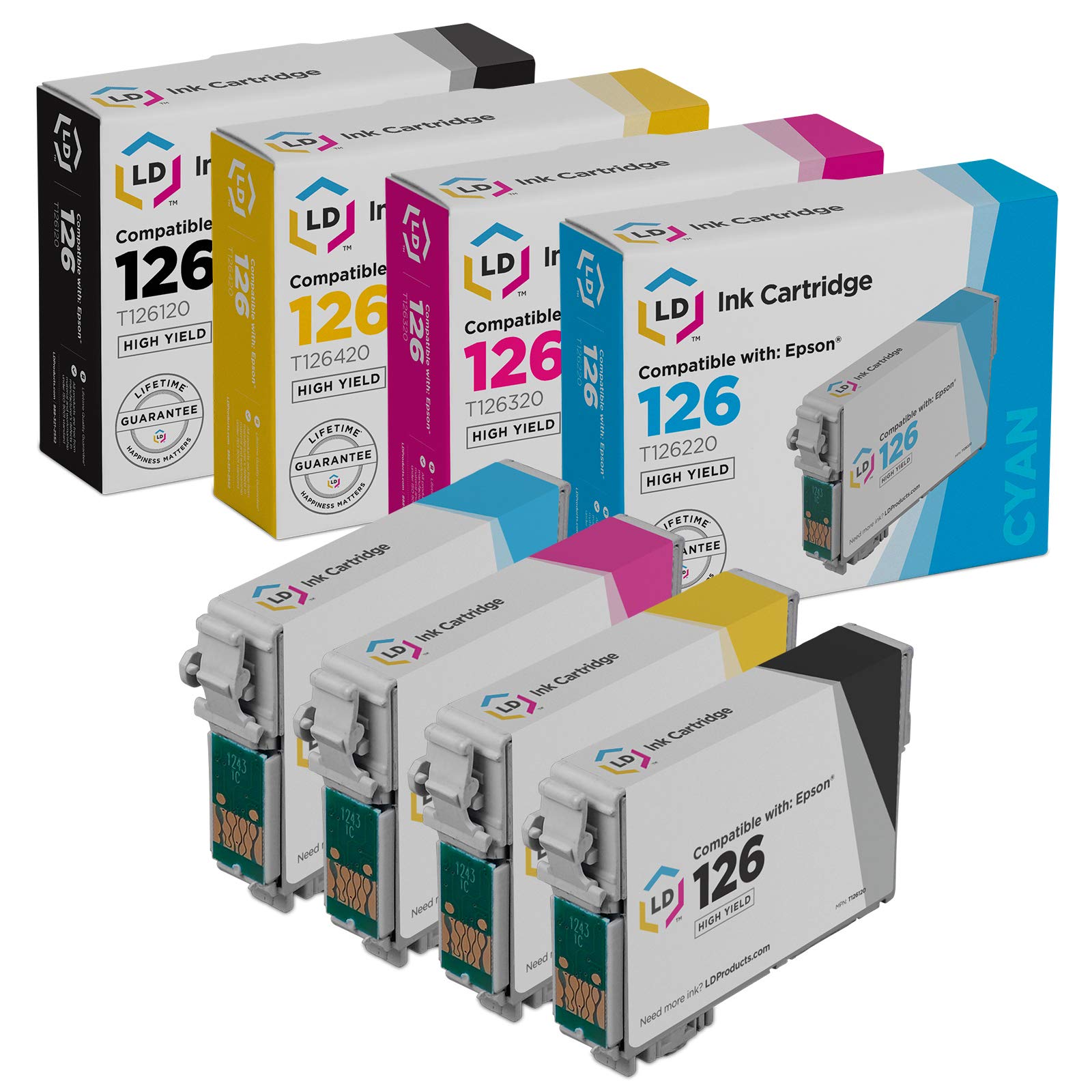 LD Products Replacements for Epson 126 Ink Cartridge T126 High Capacity (Black, Cyan, Magenta, Yellow, 4-Pack) Compatible w WorkForce 520 630 633 635