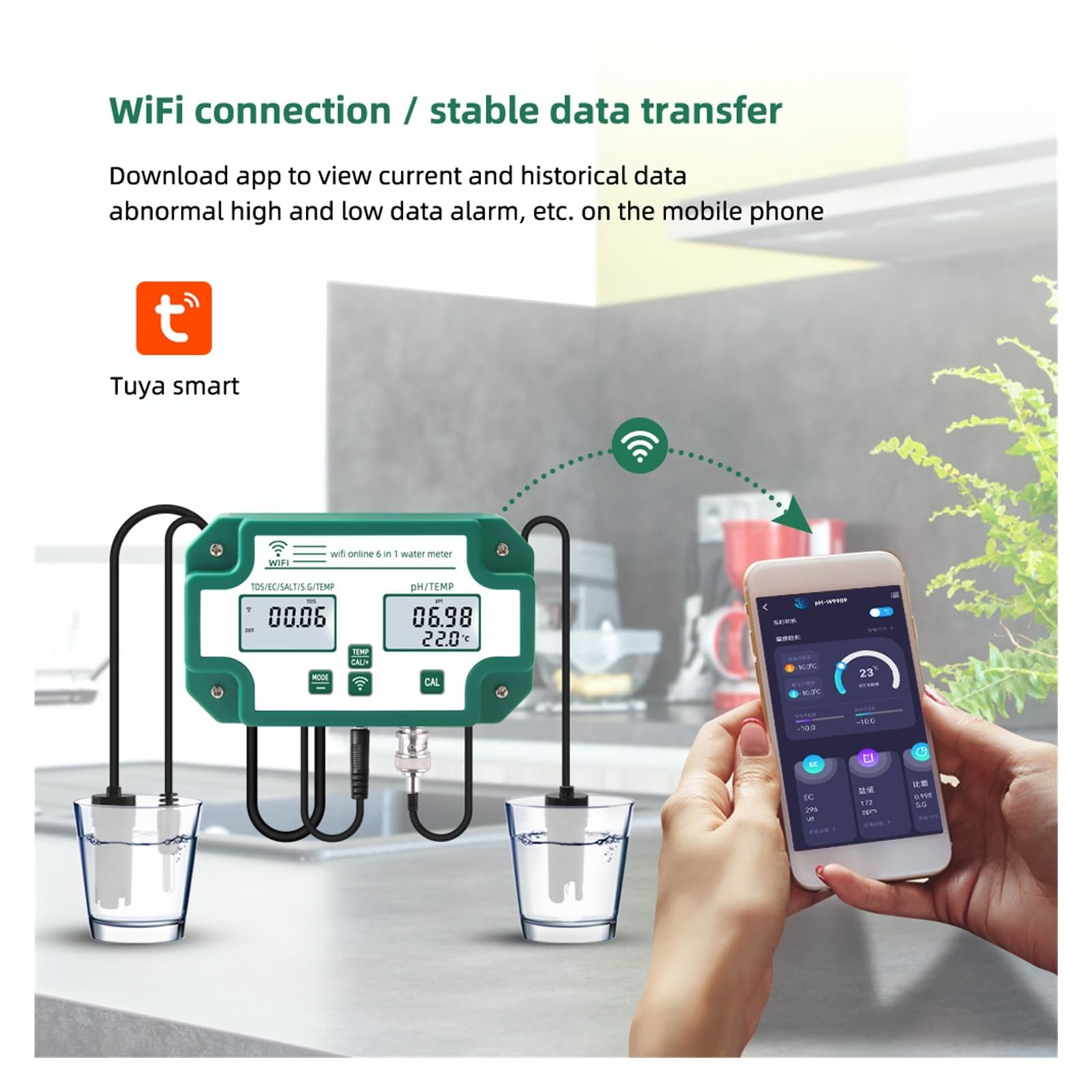 JACOJE Digitaler PH-Tester für Wasser 6-in-1-Datenlogger PH EC TDS Salt SG Temp Meter Digitaler Wasserqualitätstester WiFi Smart Monitor Tuya APP Einfache Kalibrierung (Color : Calibrate)