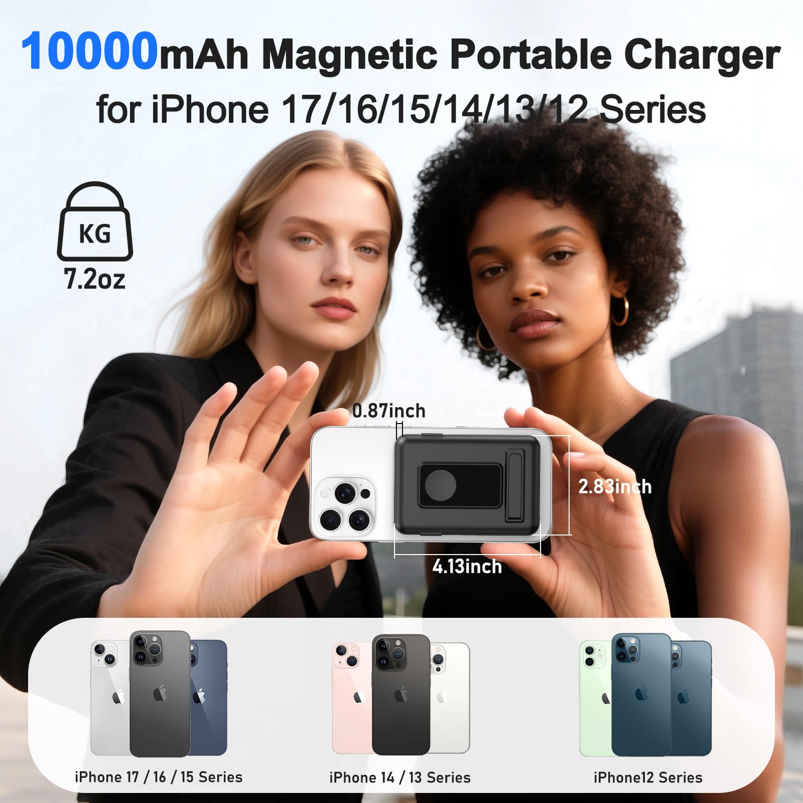 for Batterie Externe Iphone, 10000mAh Power Bank Magnétique Compatible avec MagSafe, Charge Rapide PD 20W avec 2 Câble et Support et Affichage LED, for iPhone 17-12 et Apple Watch Series(Noir)