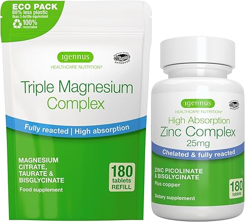 Complejo triple de magnesio 180 tabletas + paquete vegano complejo de zinc, magnesio quelado de alta absorción + 25 mg de picolinato de zinc quelado