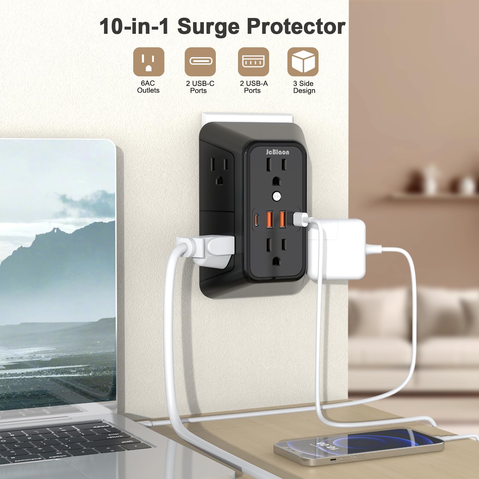 Paquete de 2 extensores de toma de pared con múltiples enchufes, 6 divisores de salida de CA con 4 puertos USB (2 USB C) cargador de pared 1050J tira de alimentación 125V/15A, 1875W para el hogar, la
