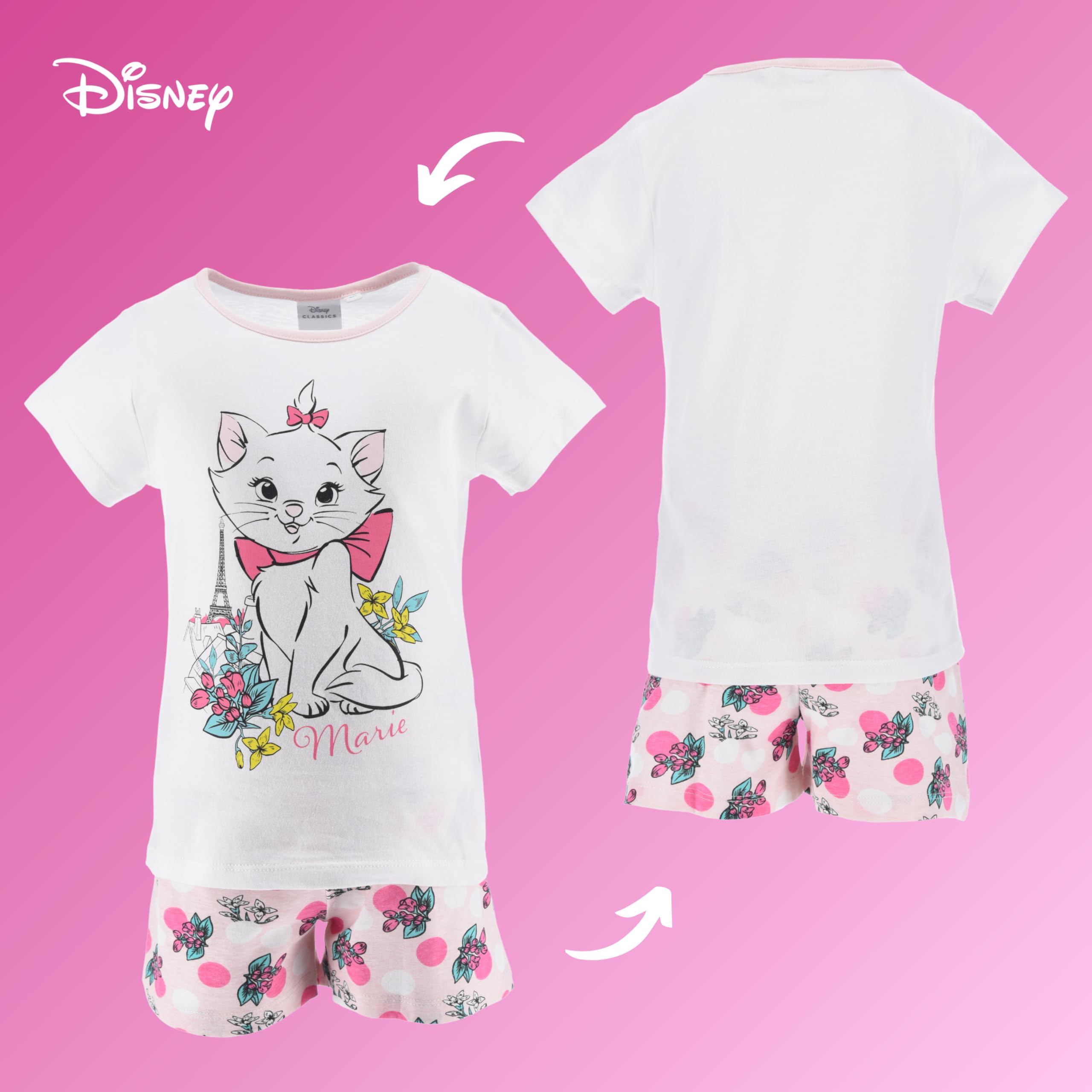 Disney Marie T-Shirt et Short pour Fille, Pyjama Fille en Coton Doux, Motif Aristochats Ensemble 2 Pièces pour Filles, Taille 4 Ans, Blanc