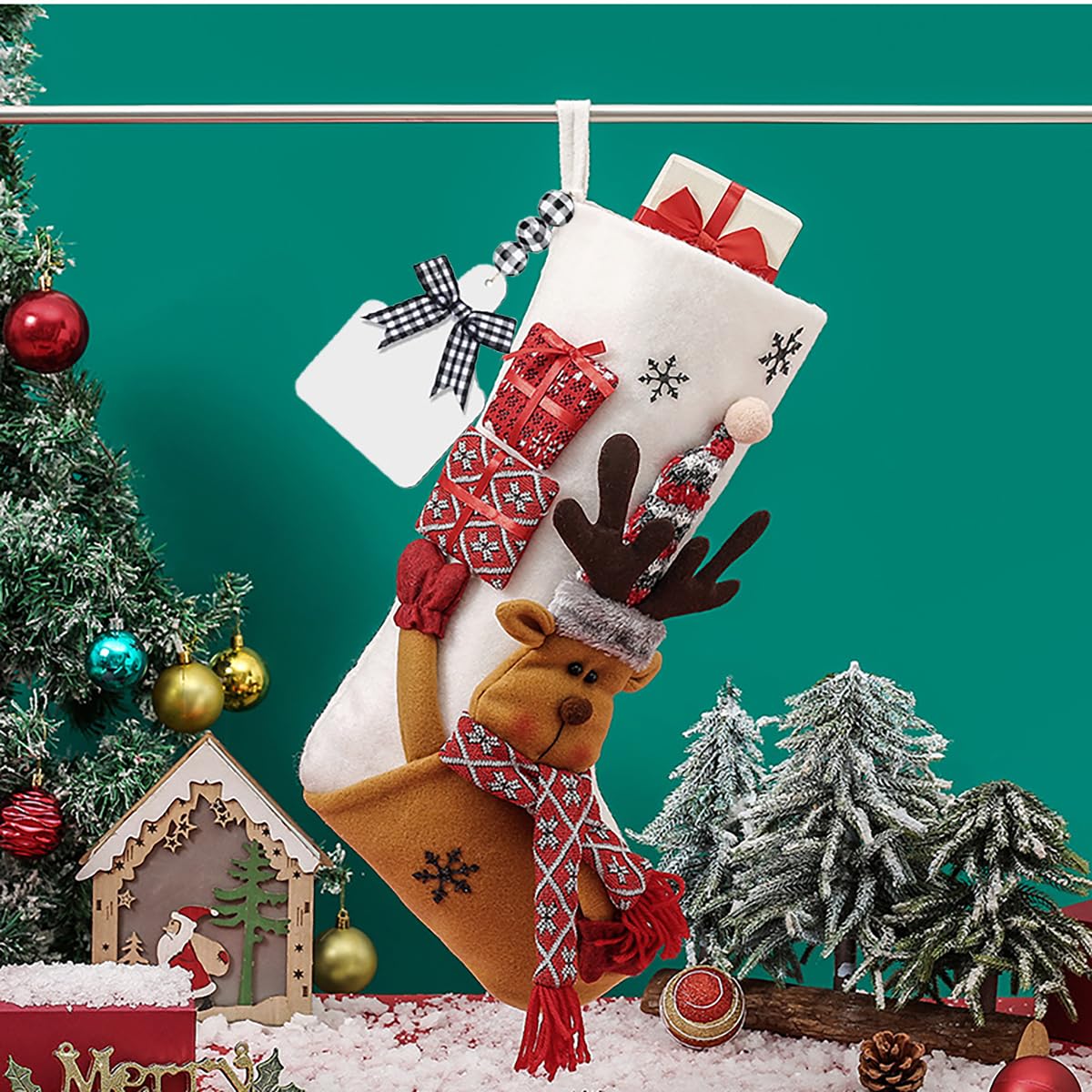 Calzini natalizi da appendere, con Babbo Natale, pupazzo di neve e alce, calze di velluto in peluche per caminetto per decorazioni natalizie da appendere (1 calzino di Babbo Natale) (Babbo Natale con
