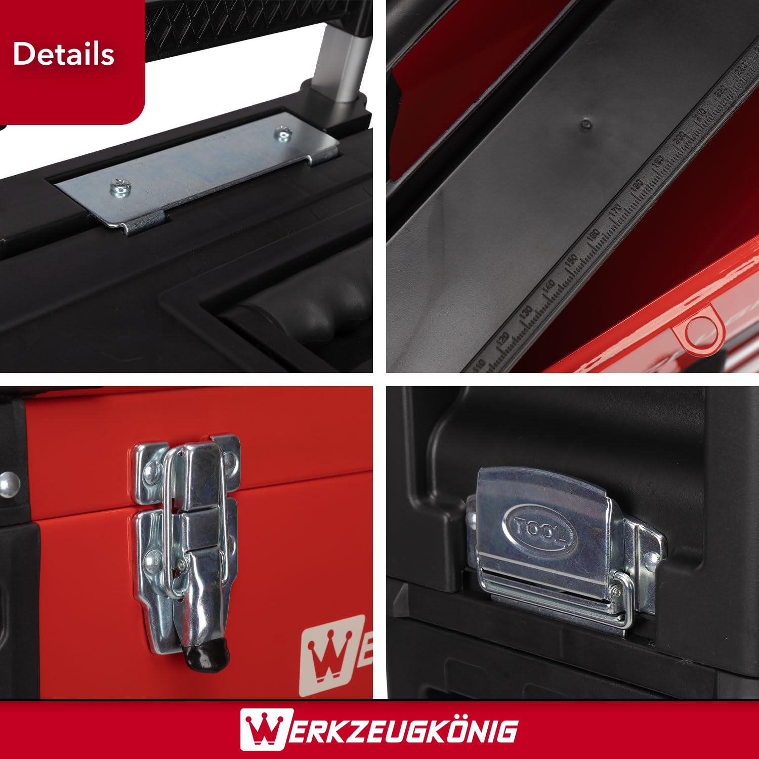 Werkzeugtrolley 4 Teile Stahlblech Rot pulverbeschichtet - 1 Werkzeugkoffer, 2 schmale Schubladen, 1 hohe Schublade, 1 großes Klappfach - gratis Kleinteilekoffer