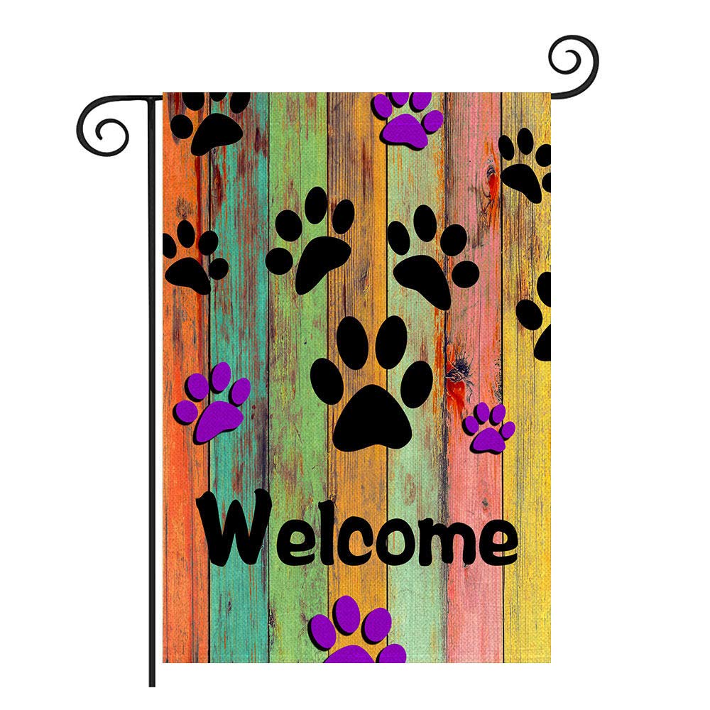 JAWO Welcome Dog Garden Flag, Colorful Dog Paws Rustic Wooden Wall Design Vertical Burlap Yard Outdoor Decor Flags 12 X 18 Inches, Double Sided