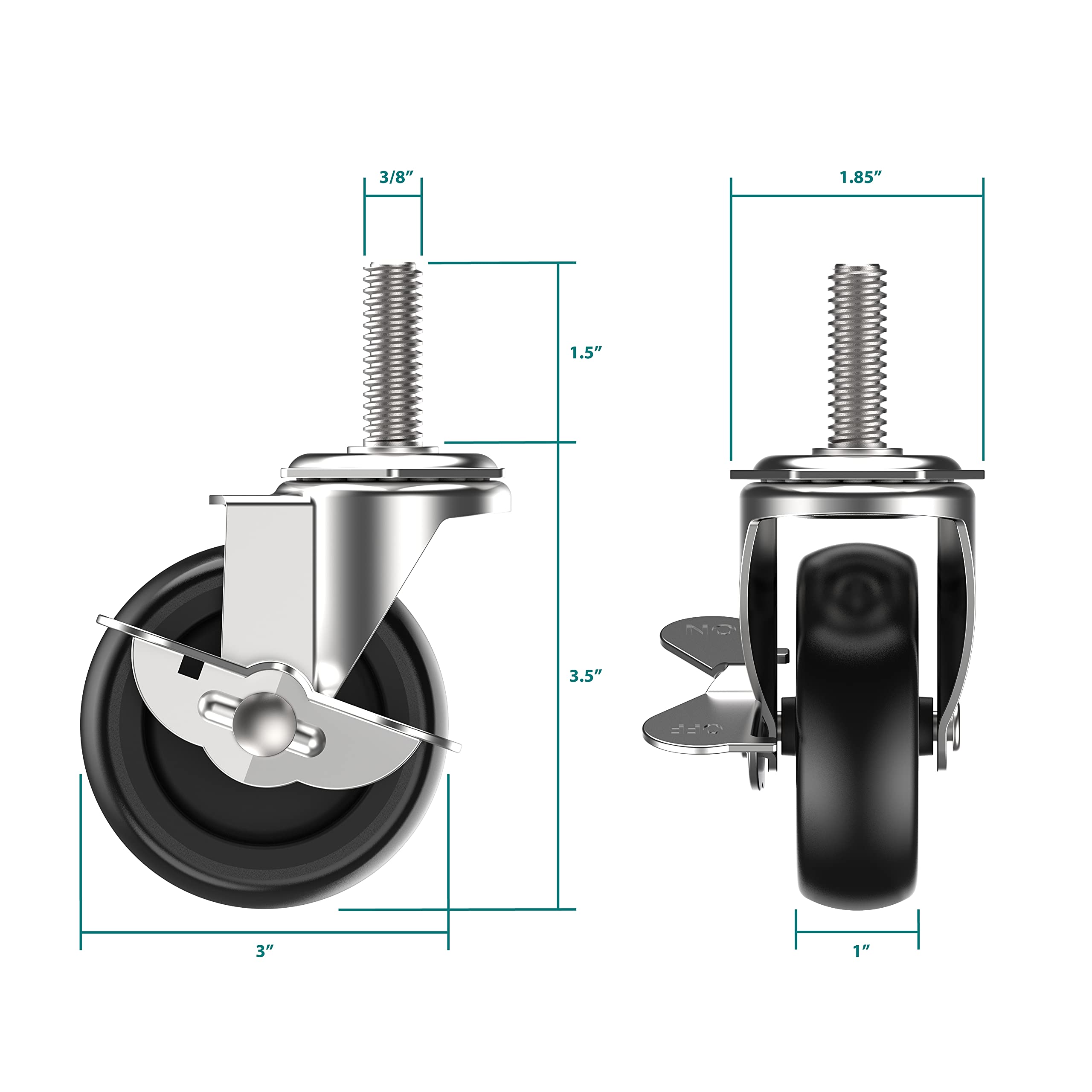 HOLKIE Caster Wheels 3 inch Locking Stem Casters, 3/8" 16 x 11/2