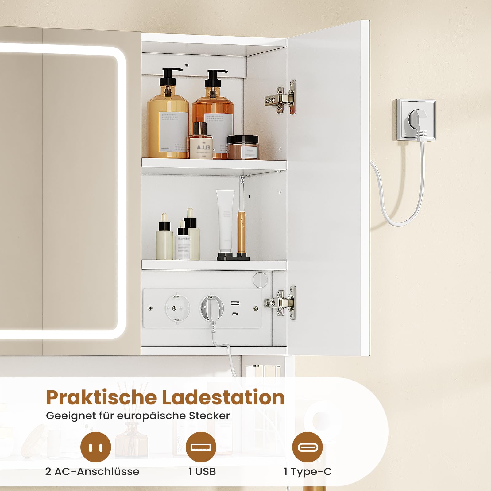 FORABMAB Armoire Toilette Miroir avec éclairage LED et Prise, Meuble Salle de Bain avec Miroir HD, Étagère Réglable, Panier Suspendu,Support pour Sèche-Cheveux,Armoire Salle de Bain,16x70x80 cm,Blanc