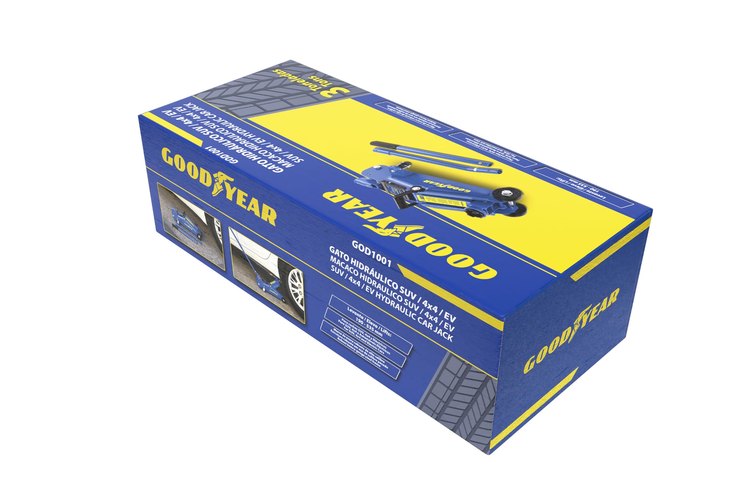 Goodyear Gato Hidráulico de Carretilla 3 Toneladas, Elevación de 190 a 535 mm. para SUV 4x4 y Coches Eléctricos Acero Reforzado Homolog. TÜV SÜD GS