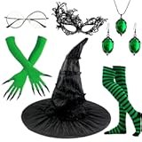 7 Pcs Women Halloween Witch Costume Accessories Set-Hat Gloves Glasses Socks Mask Necklace Earrings