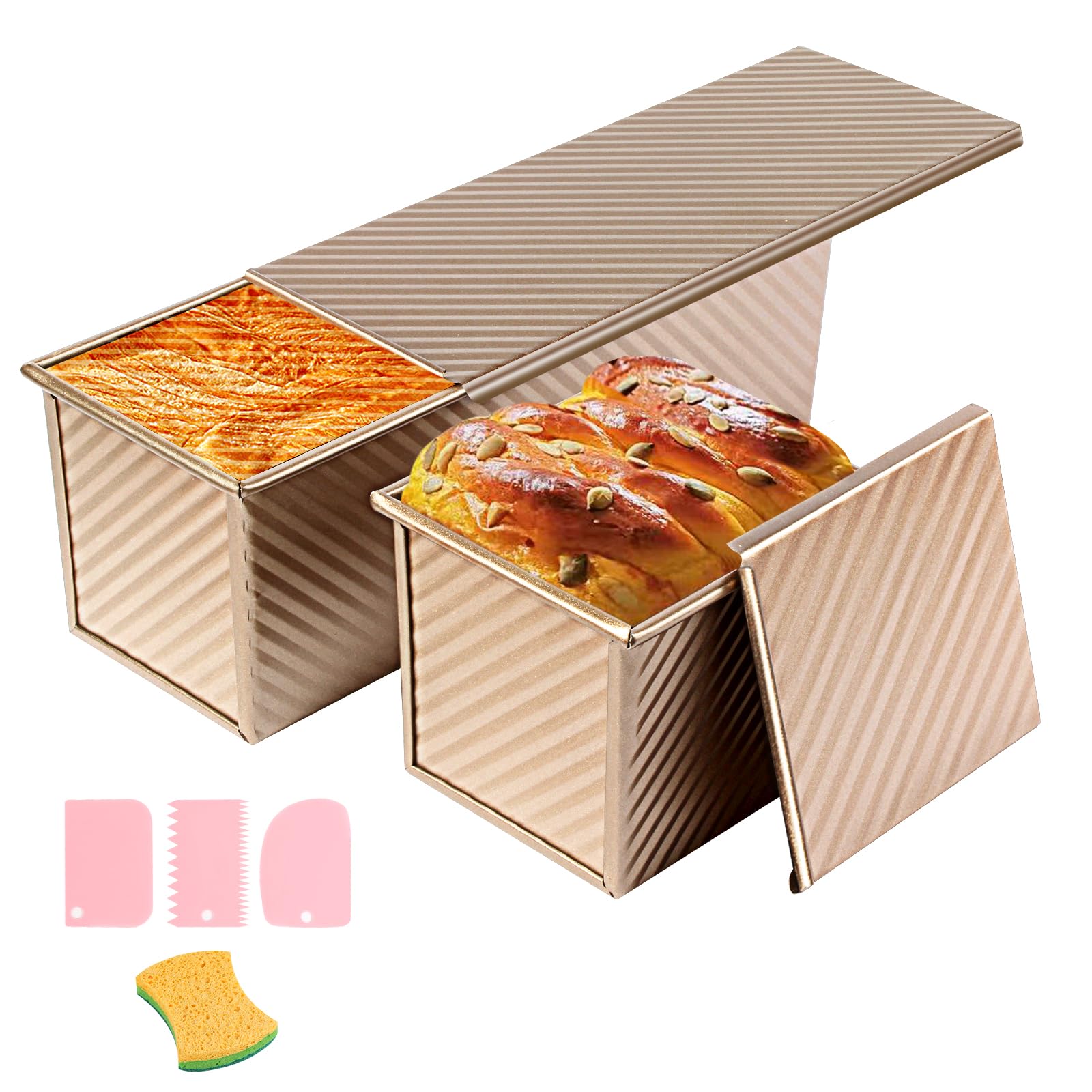 Pullman Loaf Pan with Lid, Pullman Loaf Pan 2.2 LB/1 LB, 2 Pack Nonstick Sandwich Bread Pan, for Bread, Sandwiches, and Toast, Golden, Deep Side and Corrugated