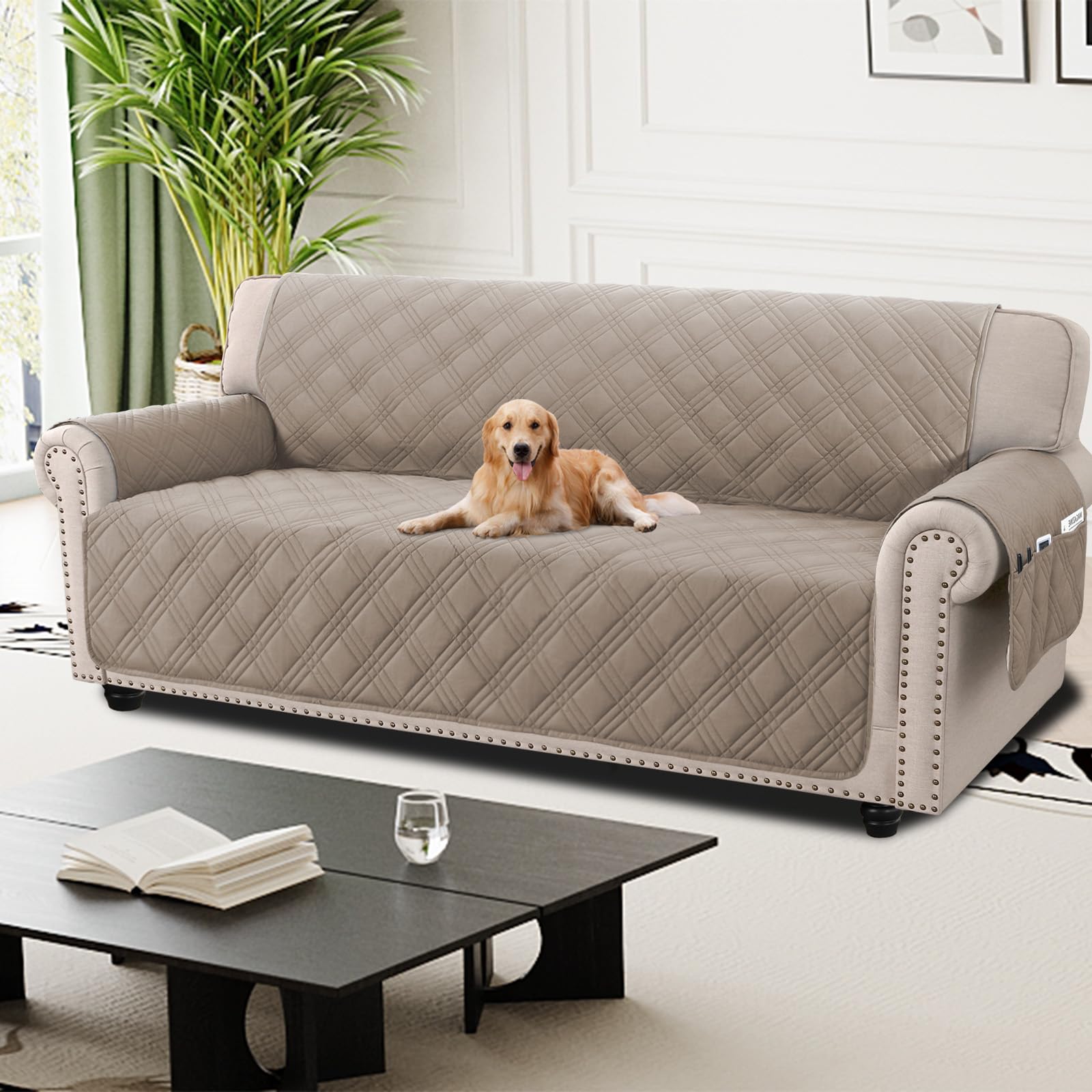 H.Versailtex 100% Waterproof Sofa Cover 4 Seater, Non-Slip Sofa Slipcover with Elastic Straps, Washable Sofa Protector for Kids Pets Four Seasons Universal, Taupe