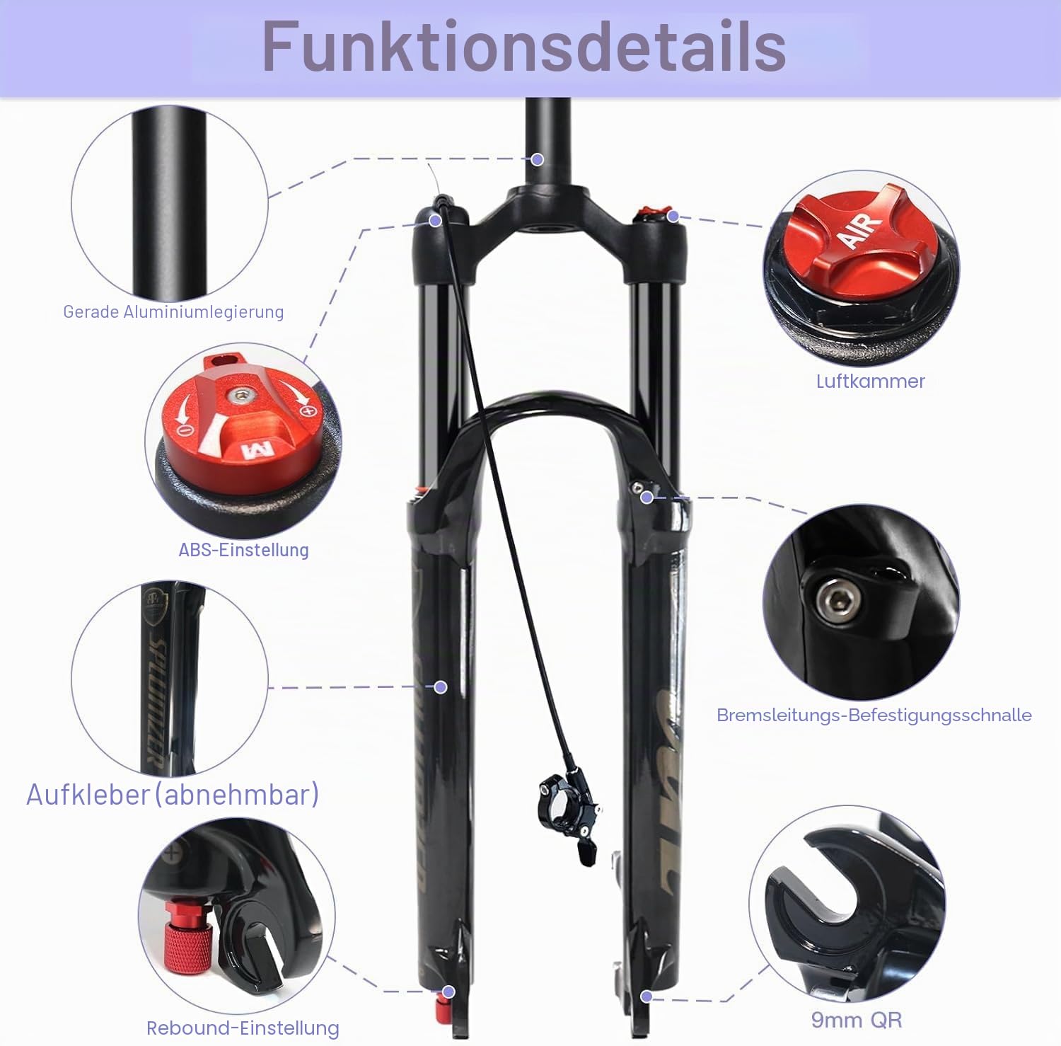 MTB Fork, 26/27.5/29 Inch Suspension Air Fork, Rebound Adjust, Travel 120 mm, QR 9 mm, 1-1/8 Straight Tube, Ultralight Mountain Bike Front Fork for XC/AM Bike