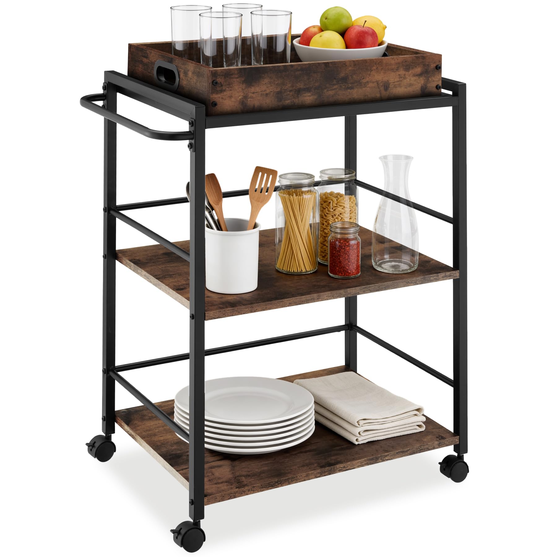 tectake® Chariot de Service Style Industriel, Desserte à roulettes 65 x 41,5 x 87 cm, Chariot Cuisine avec Plateau Amovible, roulettes pivotantes à Frein, Meuble Cuisine, Meuble Rangement, Bois foncé