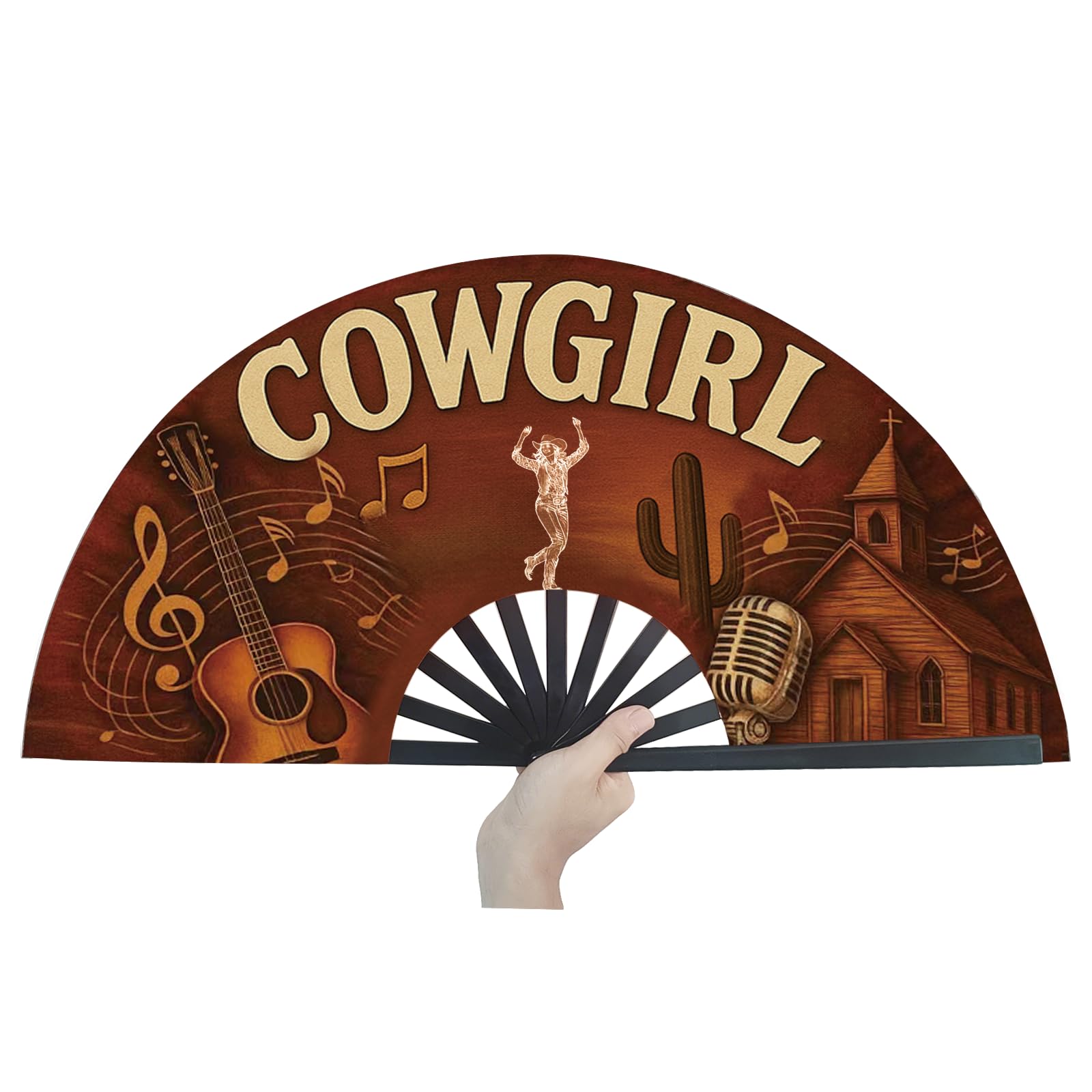 Cowgirl Fans for Line Dancing, 13inch Large Hand-held Flat Fan Western Style Popping Fan for Party, Festival, Club, Dancing
