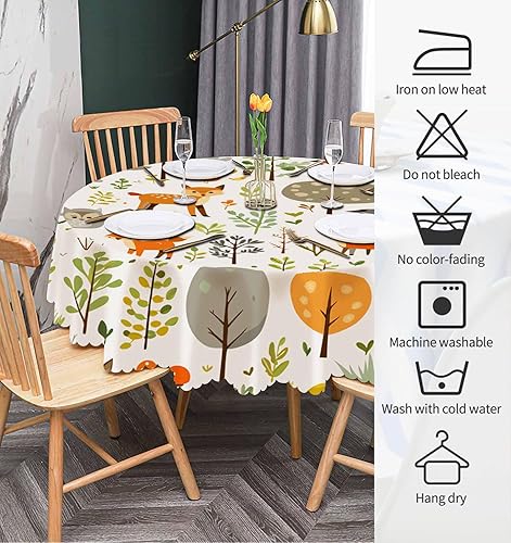 Miniatura 6 de IBILIU Mantel redondo de animales, árboles, pájaros, zorros, búhos, conejos, ciervos, mapaches, setas, naranja, amarillo, mantel circular para