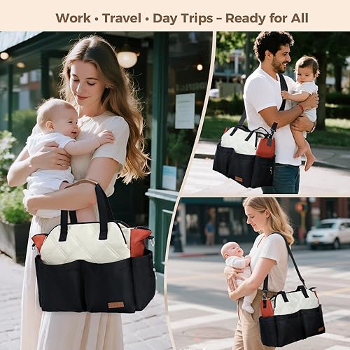 Miniatura 7 de Lekebaby Bolsa de pañales para bebé, 17 bolsillos, bolsa grande de pañales de viaje con cambiador portátil, bolsa de hospital cruzada para mamá para
