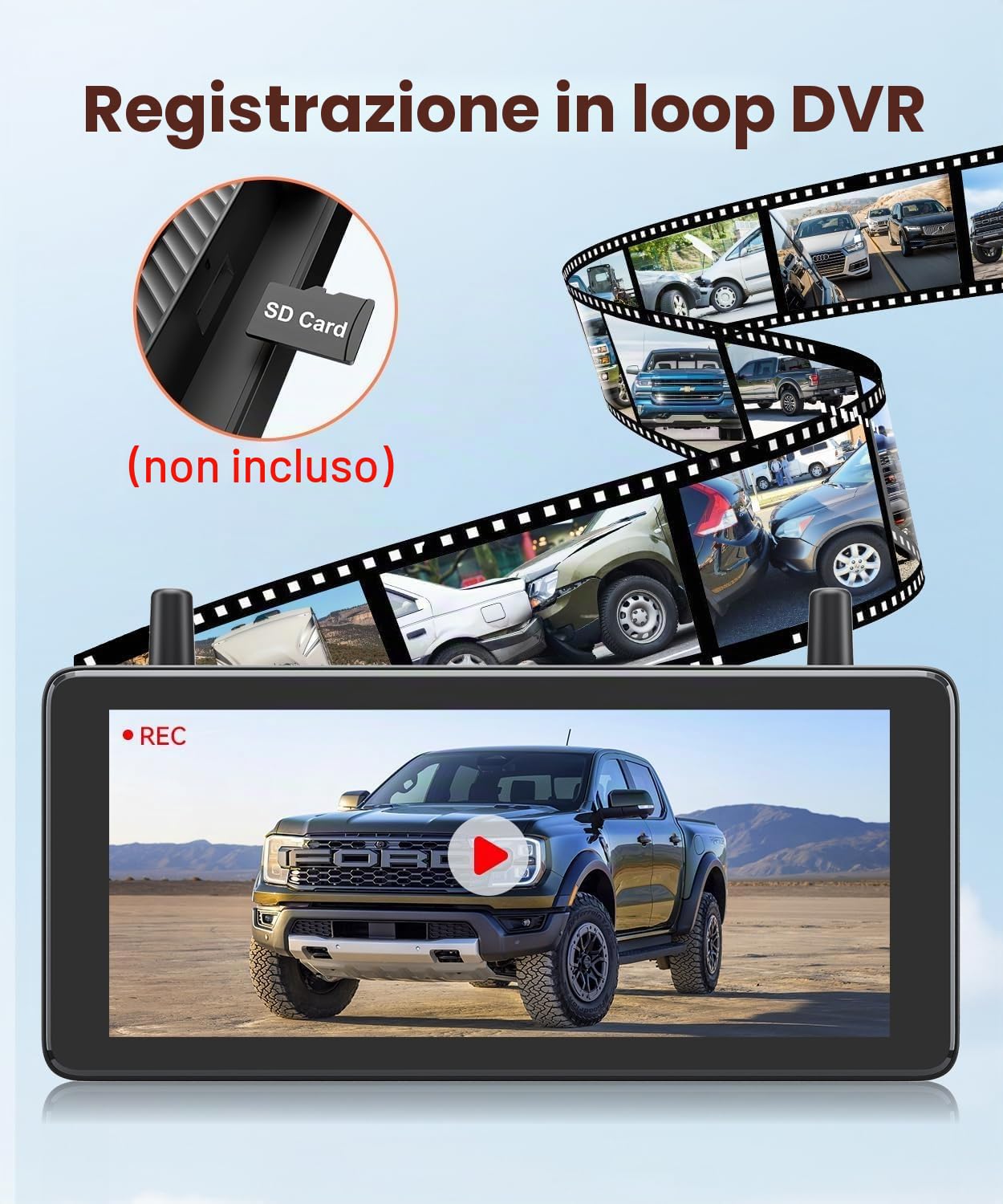 AUTO-VOX 7,2" DVR Telecamera posteriore wireless solare, installazione in 2 minuti, alimentazione a batteria 1080P, supporta 2 telecamere, impermeabile IP69K per auto/camper/furgoni/camion/rimorchi