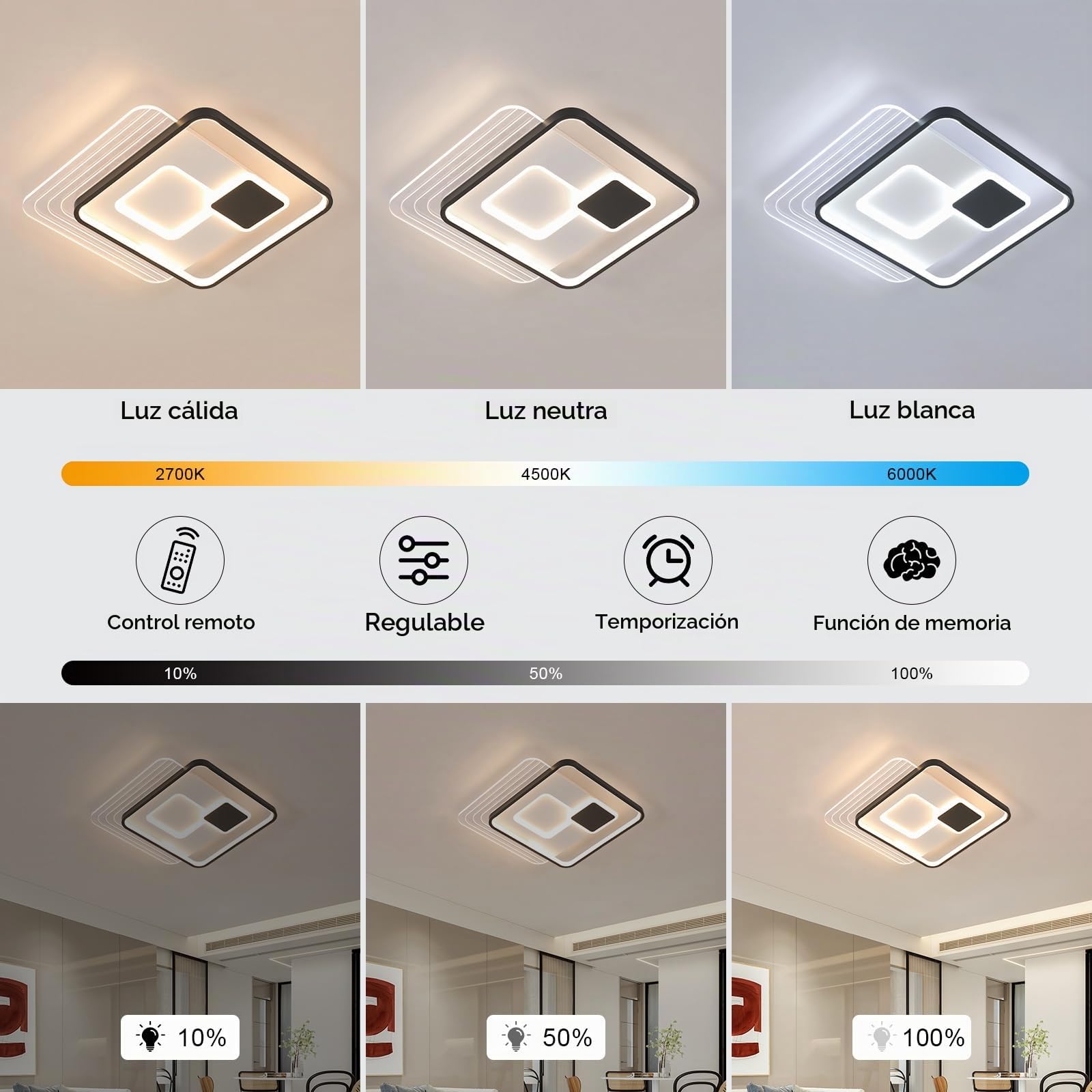 Comely led lámpara de techo cuadrado 45x45cm 37W Dimmbar con control remoto acrílico lámpara de techo negro blanco moderno para salón dormitorio cocina pasillo iluminación interior