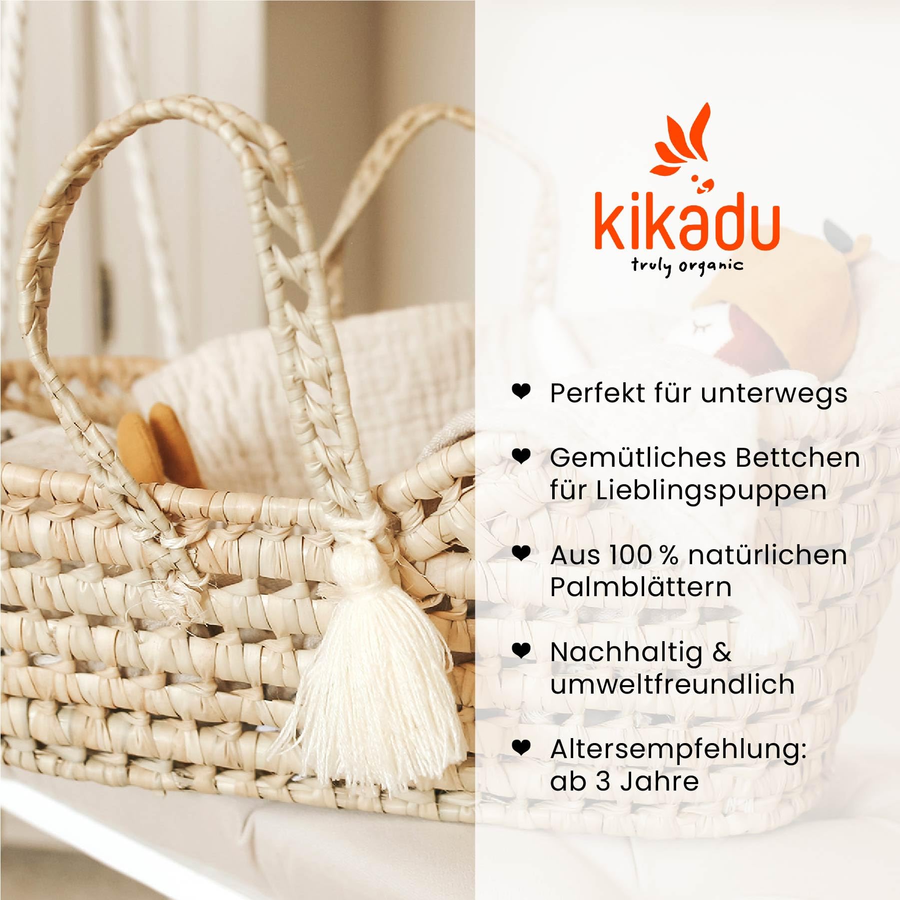 kikadu Großer Puppenkorb - Puppenkorb/Bett für die Lieblingspuppe oder -Tier aus Palmblättern, handgeflochten, Maße 40x18x17 cm