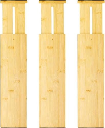 VaeFae Paquete de 3 separadores de cajones de bambú, 4 pulgadas de alto ajustables de 16.6 a 21.8 pulgadas, separadores expandibles para dormitorio,