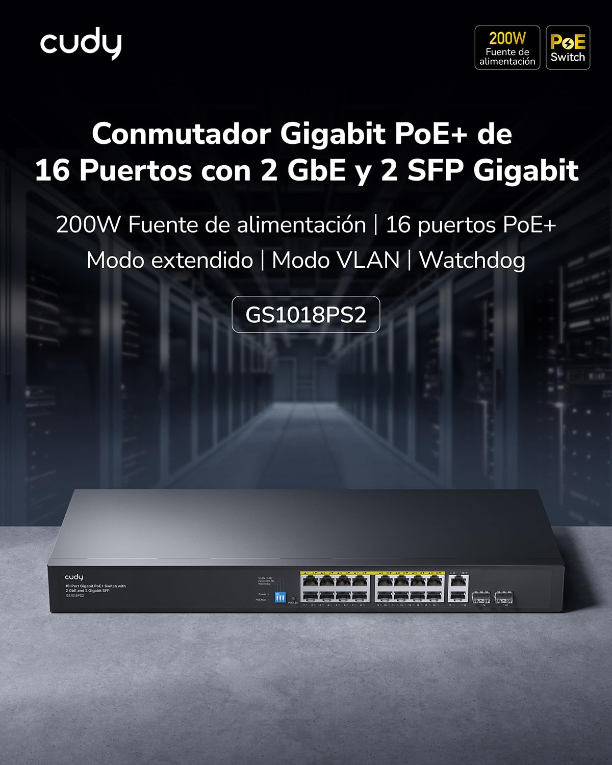 Cudy Switch PoE+ Gigabit Ethernet No Gestionado 16 Puertos, 200W, 16 Puertos Gigabit PoE+, 2 SFP, 2 Puertos Uplink, Montaje en Rack 19", 802.3af/at, GS1018PS2
