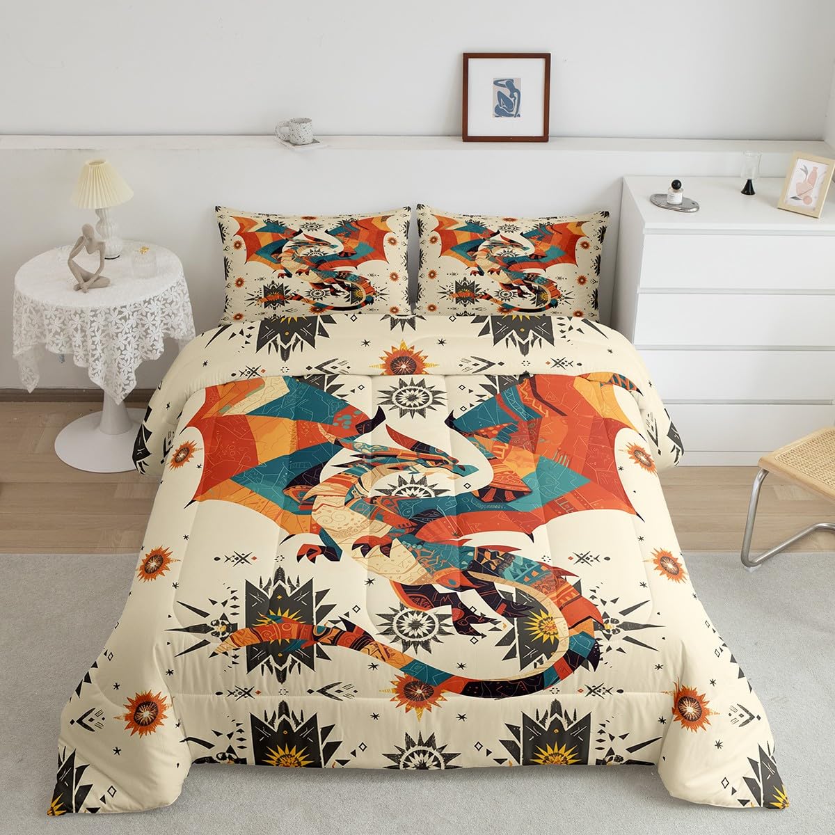 Edredón de dragón naranja de tamaño matrimonial Feelyou para cama infantil