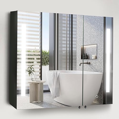 Movo Botiquín iluminado con espejo, 30 pulgadas x 26 pulgadas, espejo LED para baño con luces y almacenamiento, antivaho, regulable, cambio de