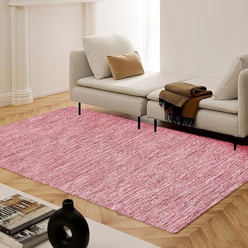 Hand Woven Area Rug 4x6 Feet - Rustic Farmhouse Bohemian Accent Rug for Living Room Bedroom Kitchen Entryway Floor Mats - Ideal for High Traffic Areas 100% Cotton Rag Rug Red