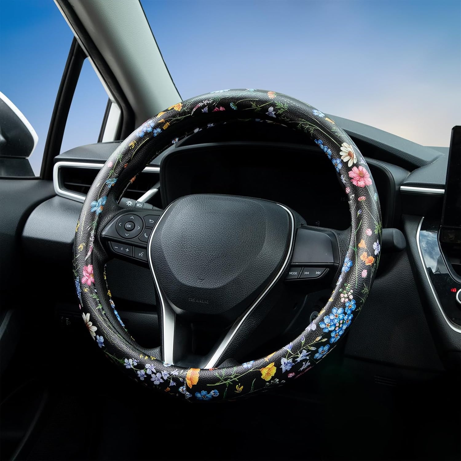 Multicolor Wildflower Steering Wheel Cover Auto Jacquard Steering Wheel Protector, Anti-Slip, Breathable, Absorbing Sweat, Universal Car Accessories 14.5–15 inch,Fit for Most Car, Trucks, SUV