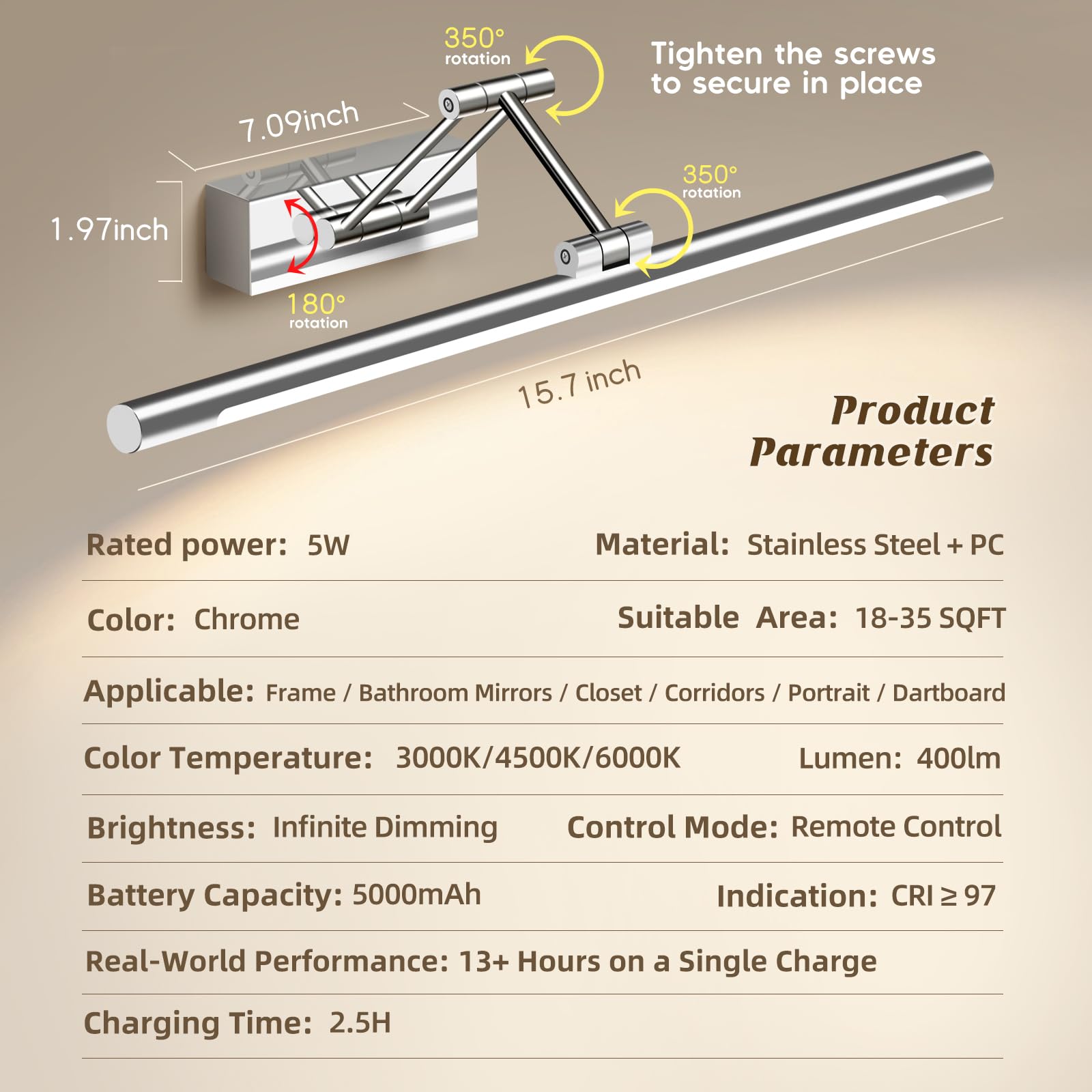 Silvery Picture Light Natural Light Spectrum CRI 97+ with Remote Control, 16 Inches, Battery Operated, 3000-6000K, Cordless Art Wall Sconce