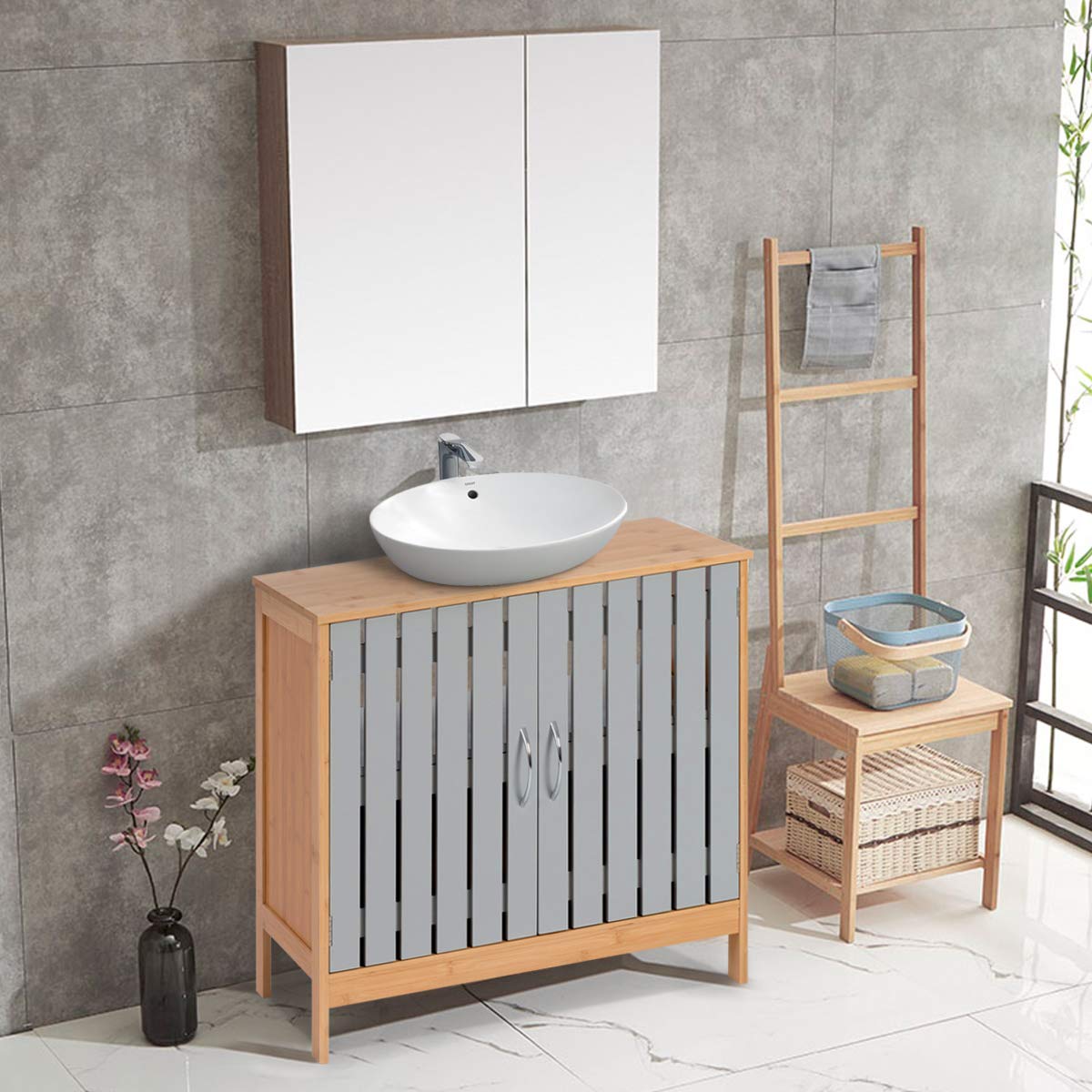 Tangkula Bathroom Under Sink Vanity Bamboo Freestanding Storage