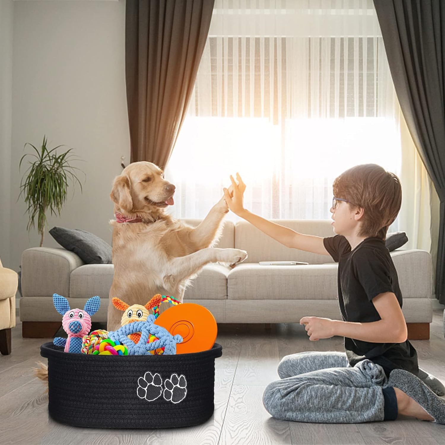 Dog toy basket, used for organizing rope storage, with handle, cute cotton parenting gift dog toy box storage box (Black and gray)