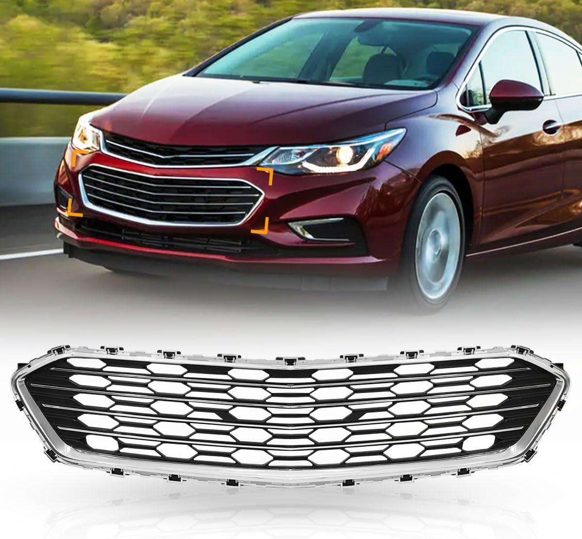 Chrome Front Bumper Lower Grille Grill Compatible with 2016 2017 2018 Cruze,ABS Black w/Chrome Grille Assembly Replace