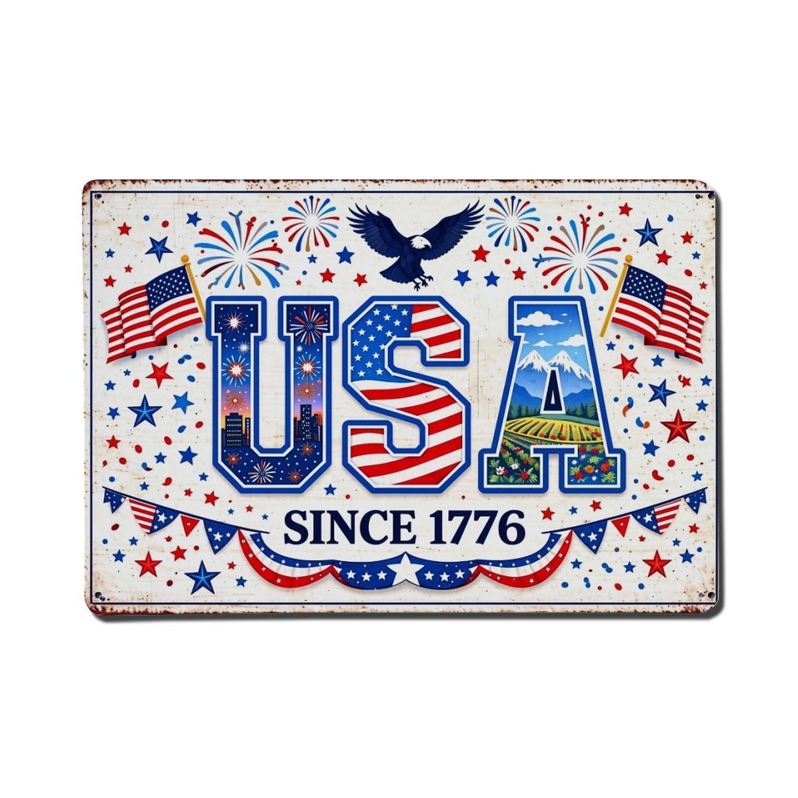 American Flag Stars And Stripes Eagle Fireworks Mountains Cityscape Banners Metal Tin Sign Plaque