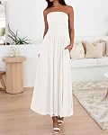 BTFBM Summer Maxi Dresses for Women 2026 Strapless Ruched Tube Top Flowy Beach Vacation Wedding Guest Spring Dress Pockets